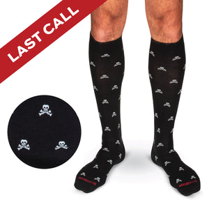 black jolly rodgers wool over the calf dress sock with a last call banner overlay