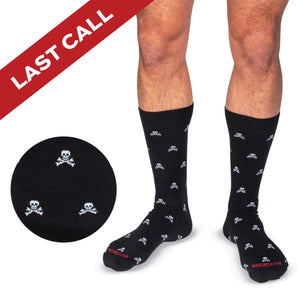jolly rodgers wool mid-calf socks with a last call banner overlay