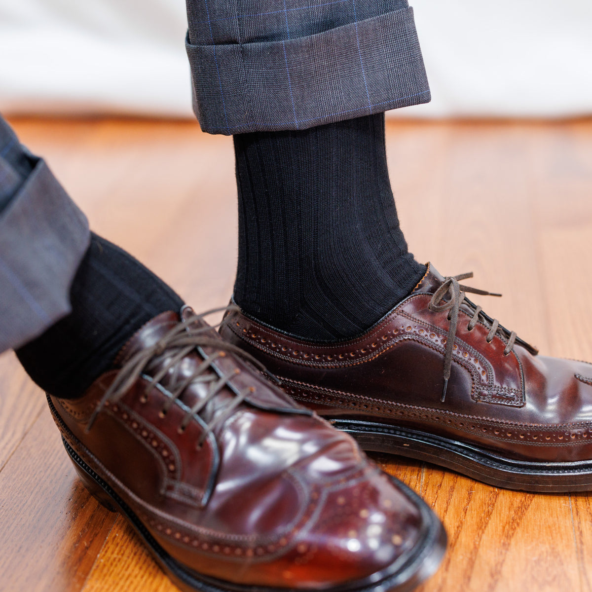 man wearing nice brown shoes, slacks and Black Cotton Mid Calf Dress Socks