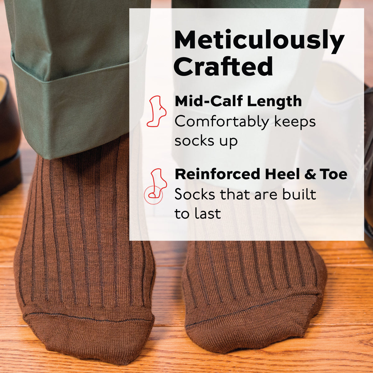 close up of person standing on a hardwood floor wearing Light Brown Merino Wool Mid Calf Dress Socks