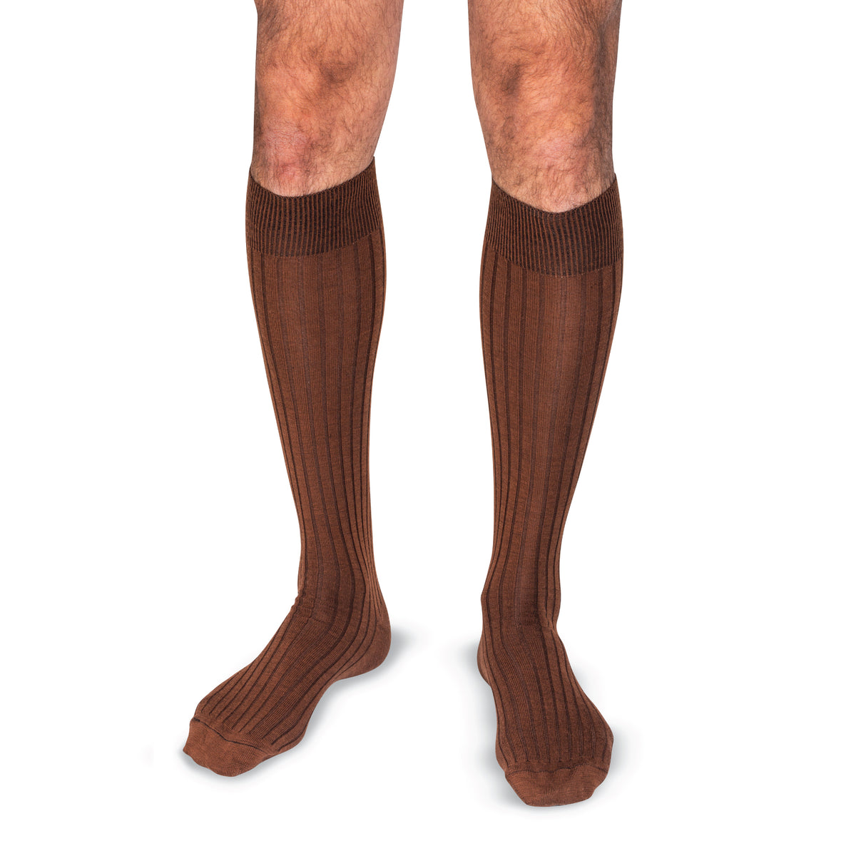 model wearing Light Brown Merino Wool Over the Calf Dress Socks on a white background
