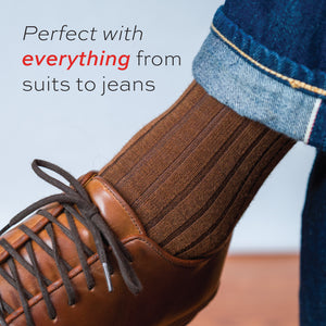 man wearing jeans, casual shoes, and Light Brown Merino Wool Over the Calf Dress Socks