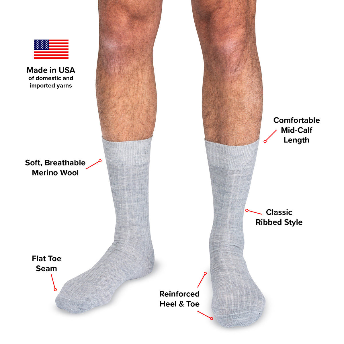infographic detailing features and benefits of light grey heather wool dress socks from Boardroom Socks