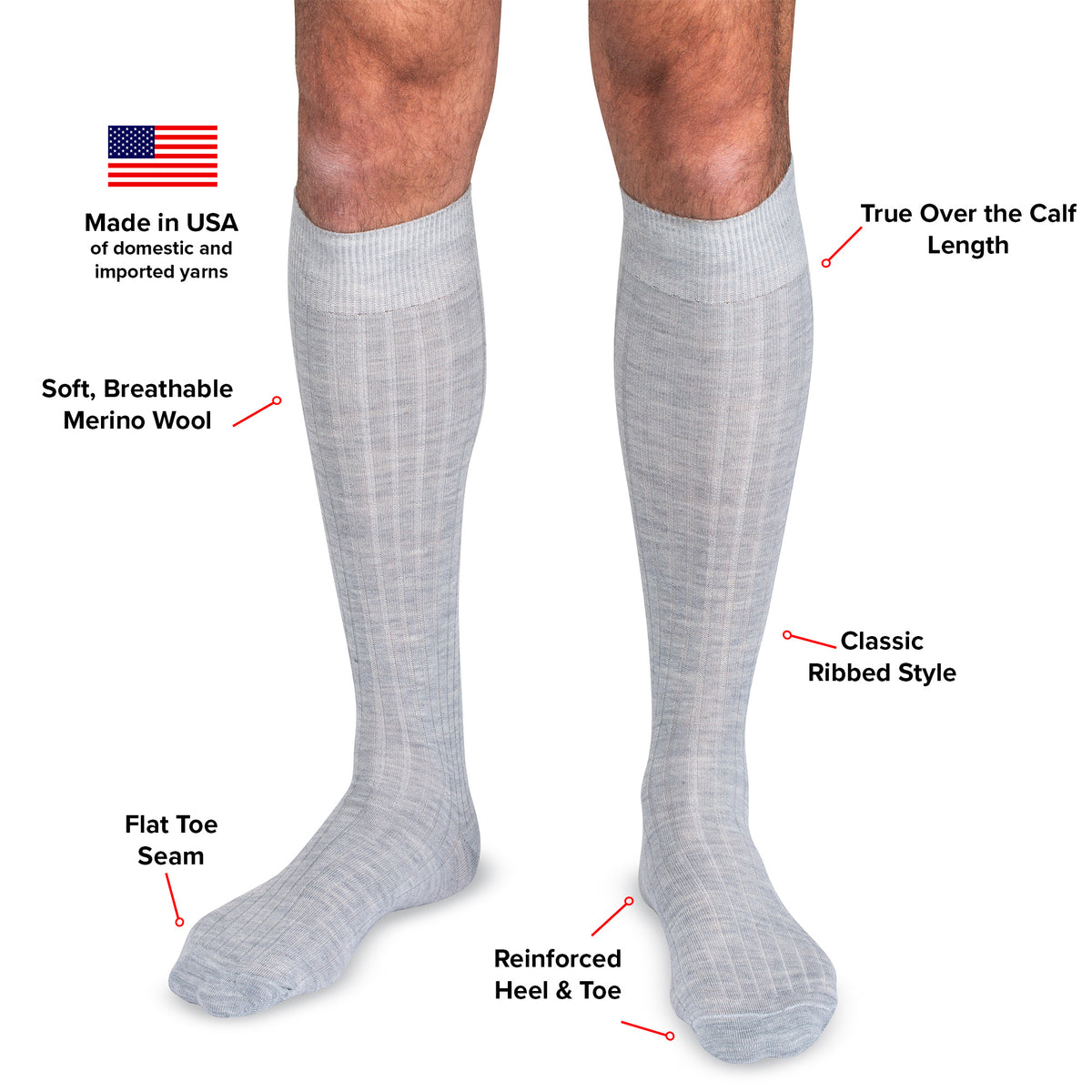 infographic detailing features and benefits of light grey heather merino wool over the calf dress socks from Boardroom Socks