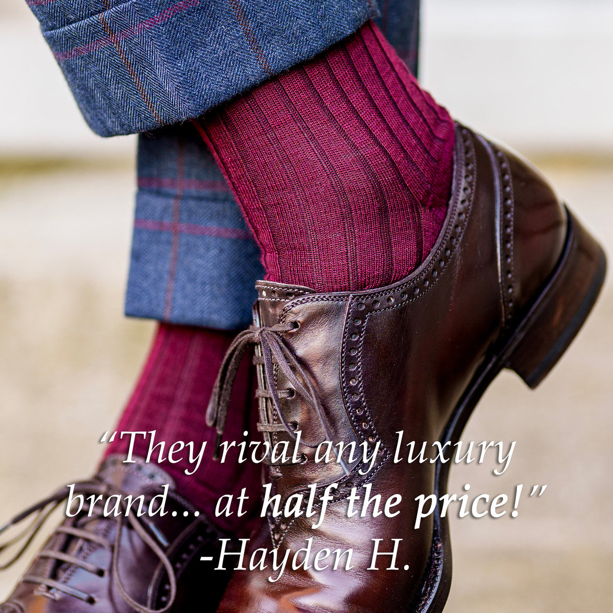 luxury burgundy merino wool dress socks from Boardroom Socks paired with windowpane suit and brown oxfords