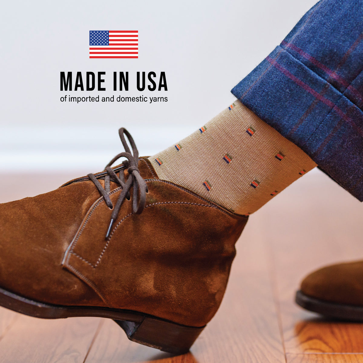 close up image of person wearing brown shoes and Colorful Square Knots on Khaki Merino Wool Over the Calf Dress Socks