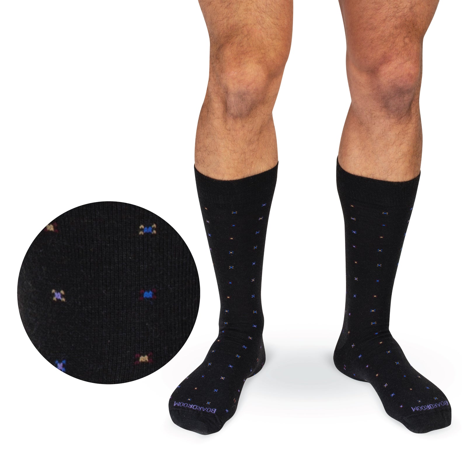 model wearing Black Geometric Merino Wool Mid-Calf Dress Socks on a white background
