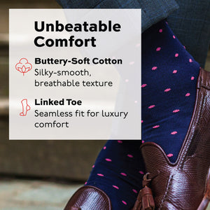 man standing crossing his legs wearing navy mid-calf dress socks with bright pink dots with a infographic text overlay