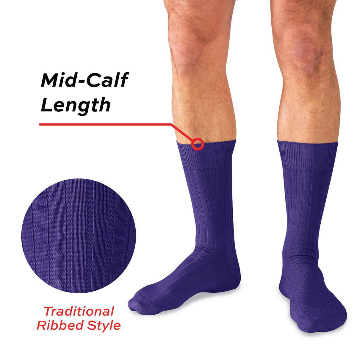model wearing Purple Cotton Mid Calf Dress Socks on a white background