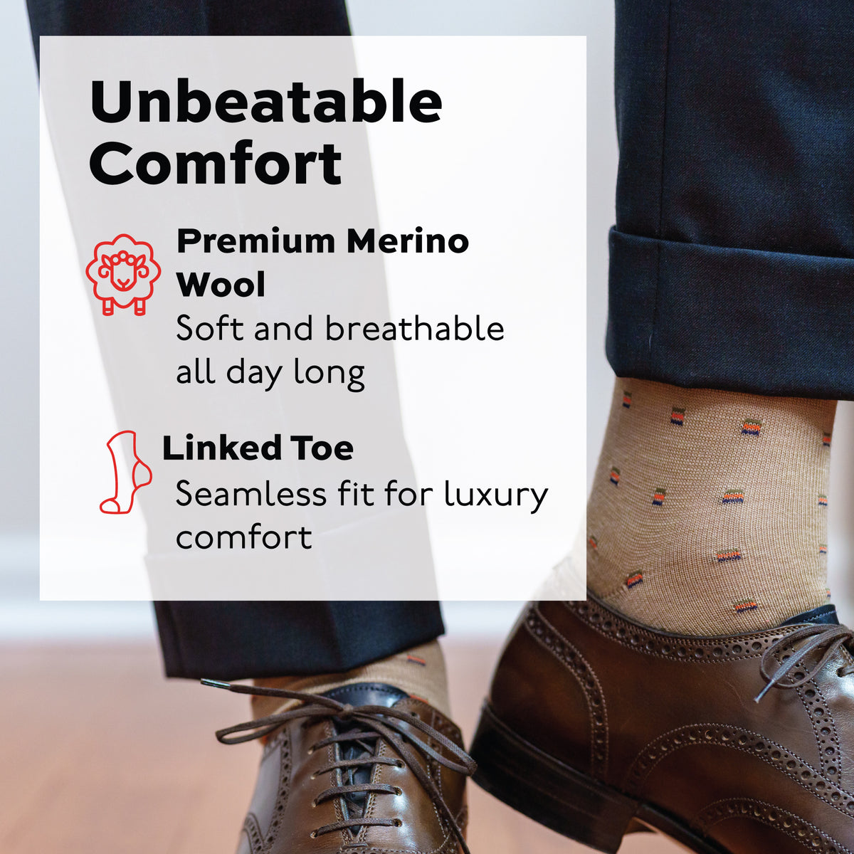 close up image of man wearing Colorful Square Knots on Khaki Merino Wool Over the Calf Dress Socks with infographic overlay