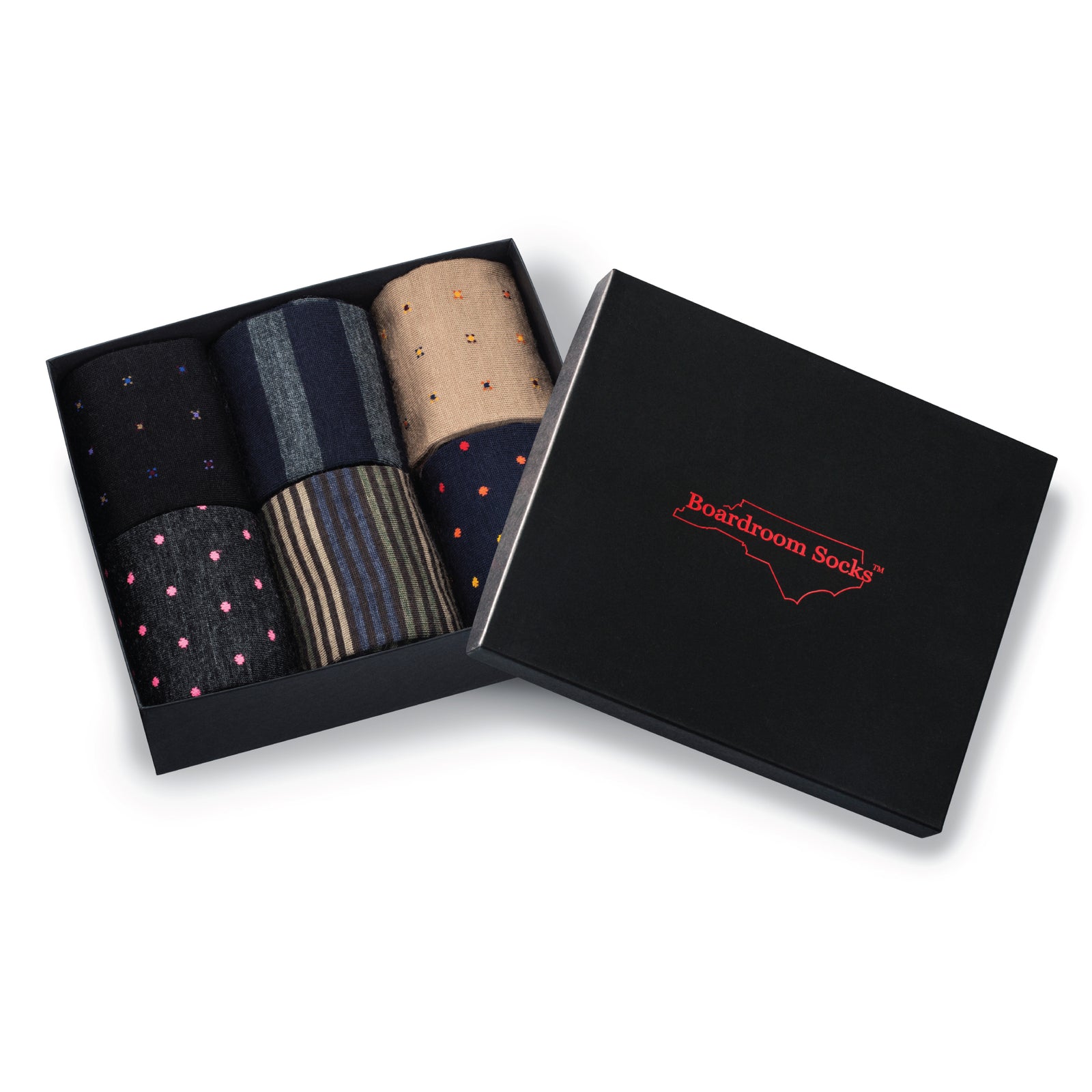 6 Pair Gift Box of Merino Wool Mid-Calf Patterned Dress Socks with lid on a white background
