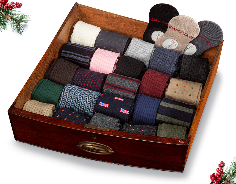 sock drawer filled with a variety of merino wool dress socks from Boardroom Socks