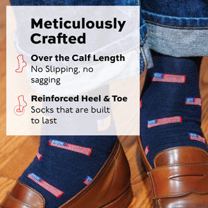 man wearing brown loafers and navy wool over the calf dress shoes with meticulously crafted text infographic overlay