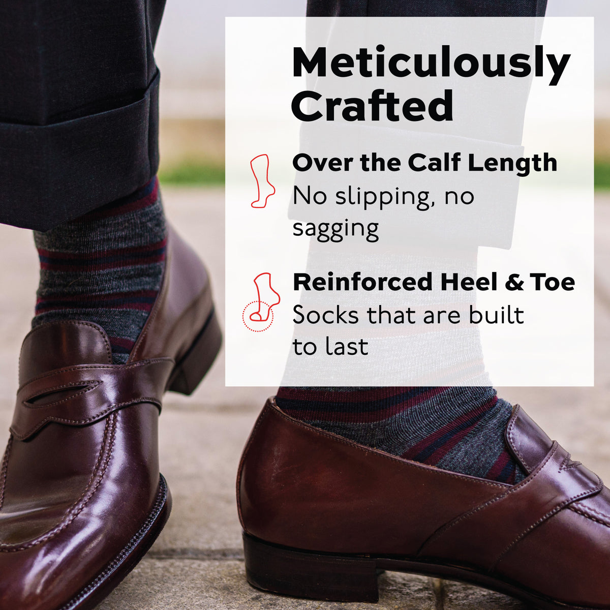 man standing outside wearing Burgundy and Navy Stripes on Grey Merino Wool Over the Calf Dress Socks