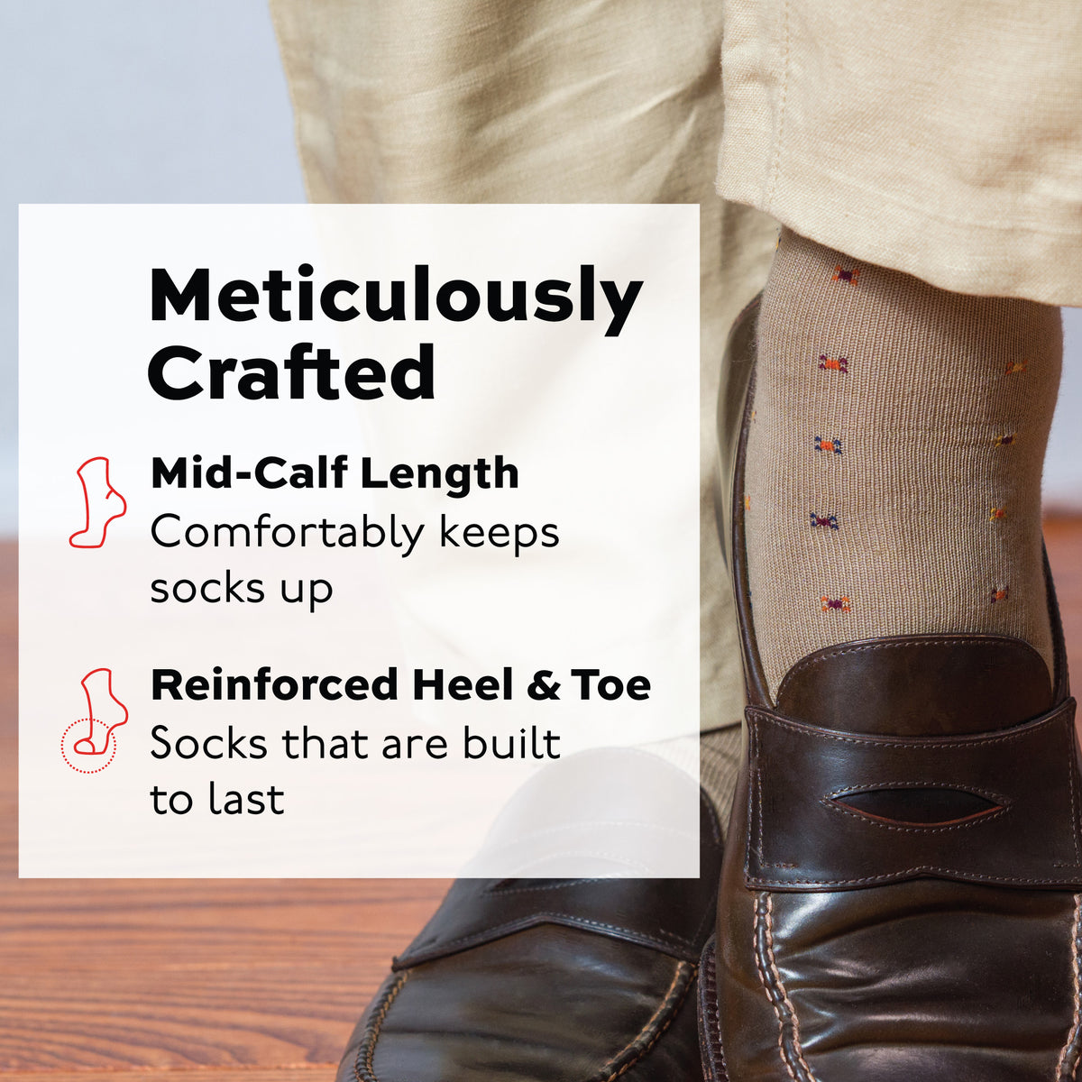 man wearing brown loafers and khaki mid calf cotton geometric pattern dress socks with a reinforced hell and toe infographic overlay