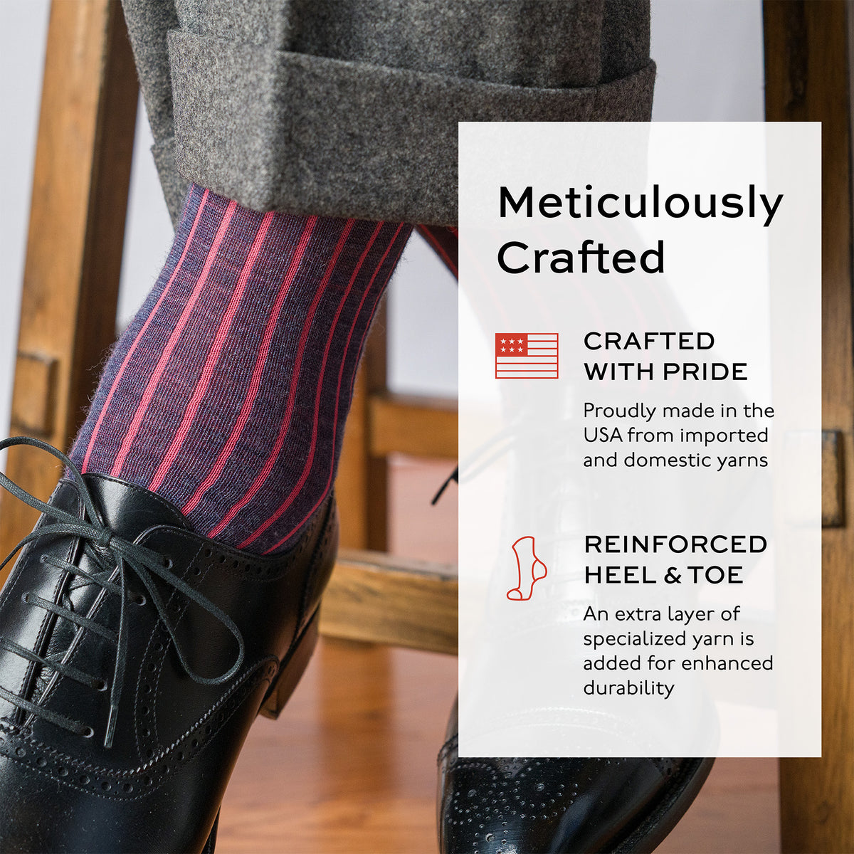 denim and coral shadow stripe dress socks with grey slacks and black oxfords with text overlay about craftsmanship