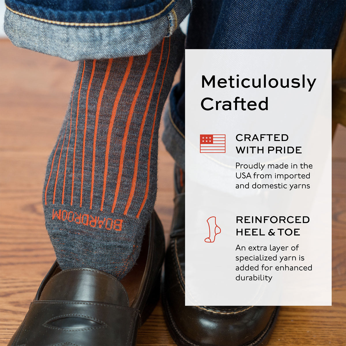image of orange and grey shadow stripe dress socks worn with jeans and loafers and text overlay about craftsmanship