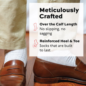 man wearing brown loafers and white cotton ribbed knit dress socks with a meticulously crafted infographic overlay