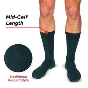 model wearing Forest Green Merino Wool mid-Calf Dress Socks on white background with traditional ribbed style text overlay