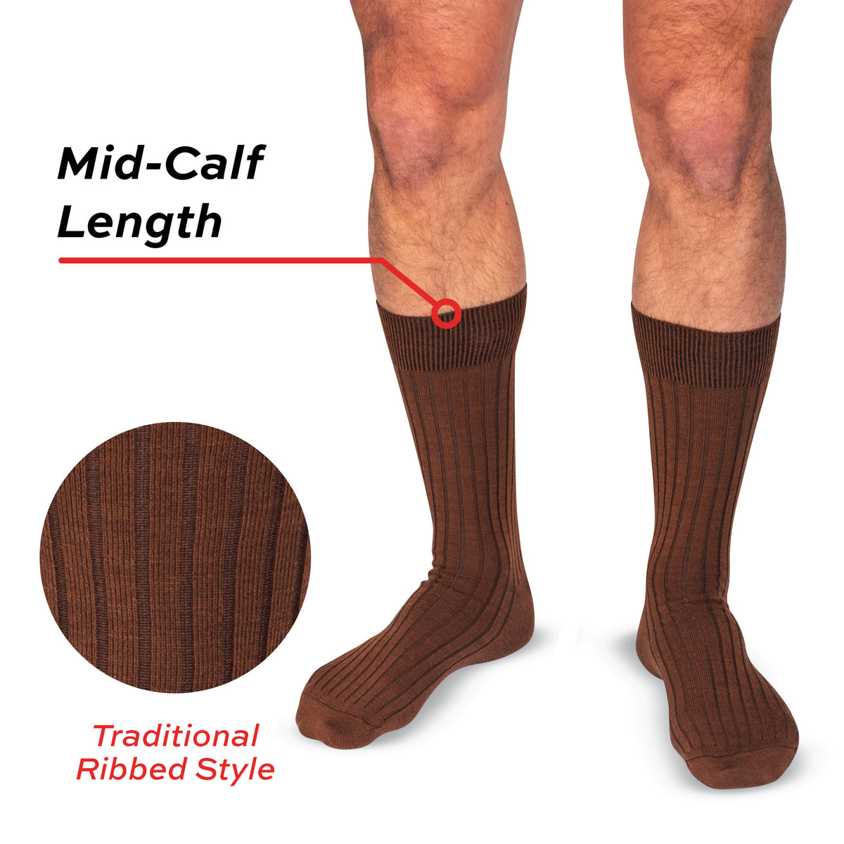 model wearing Light Brown Merino Wool Mid Calf Dress Socks on a white background with text overlay
