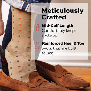 man putting on shoe wearing Colorful Square Knots on Khaki Cotton Mid Calf Dress Socks