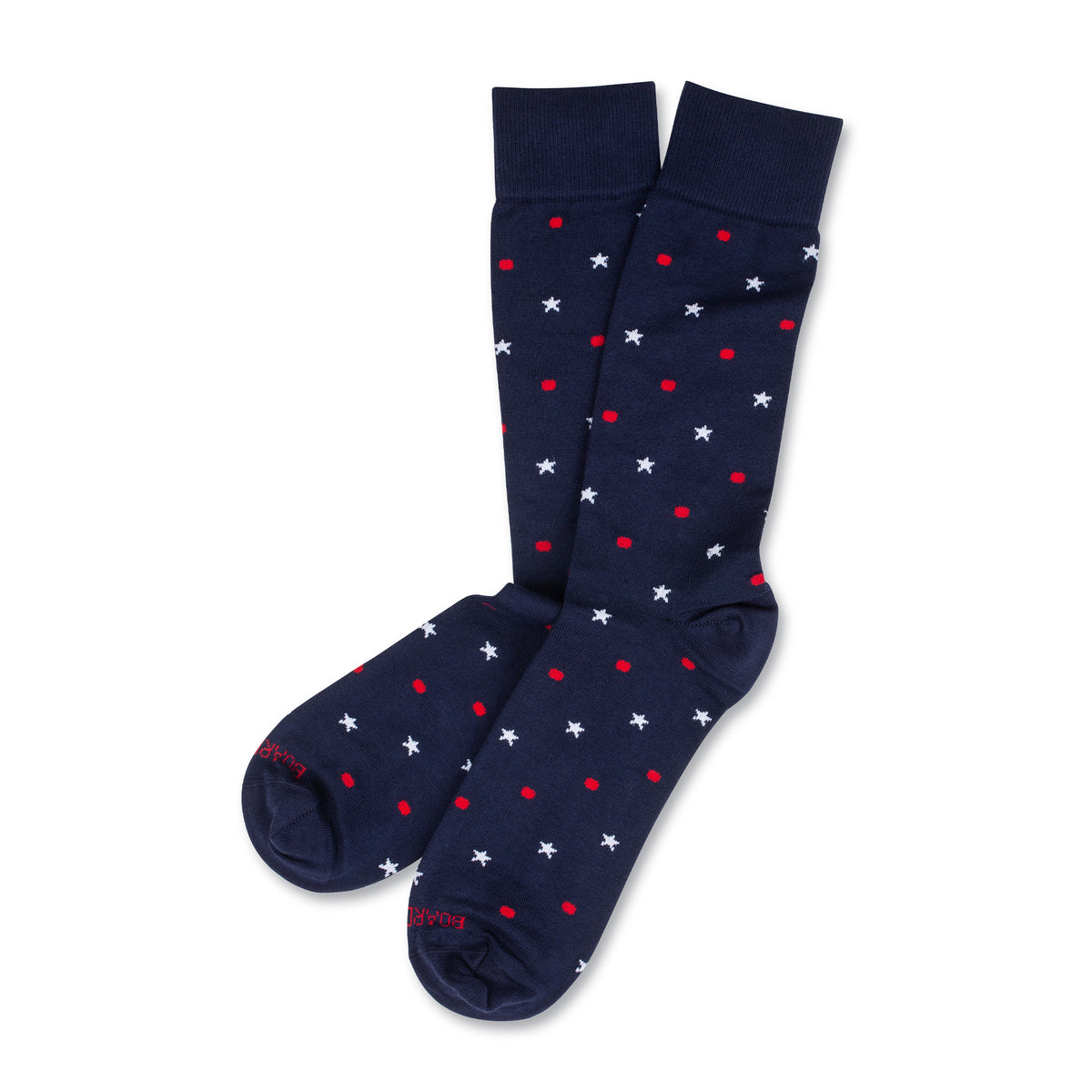 pair of over the calf americana pattern cotton dress socks laying on white background
