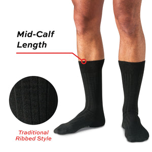 model wearing mid calf length ribbed merino wool dress socks with detailed call out