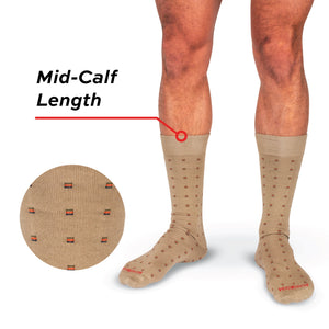 Colorful Square Knots on Khaki Cotton Mid Calf Dress Socks worn on model
