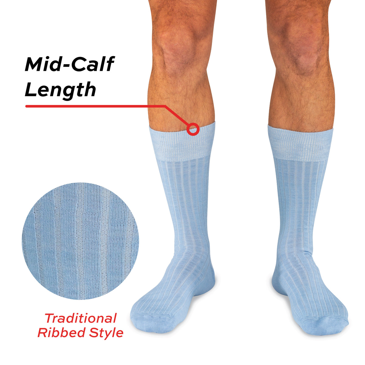 model wearing sky blue mid-calf length traditional ribbed style mens merino wool dress socks