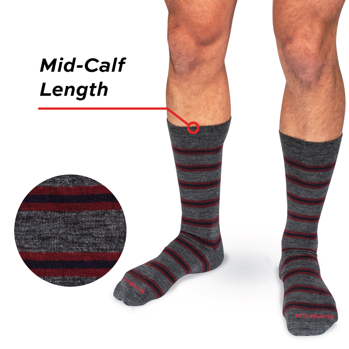 model wearing Burgundy and Navy Stripes on Grey Merino Wool Mid-Calf Dress Socks on a white background