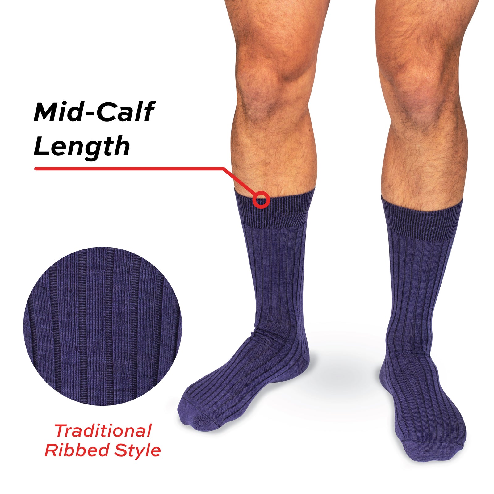 model wearing mid-calf purple wool dress socks with "traditional ribbed style" text overlay