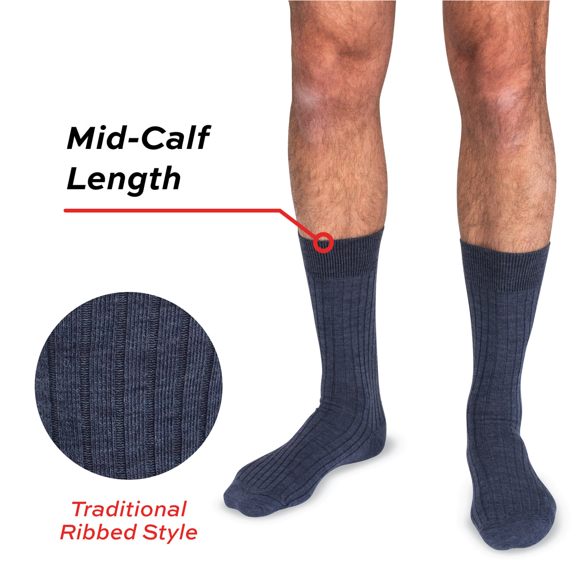 image of heather blue mid calf length dress socks worn on model with the ribbed texture highlighted