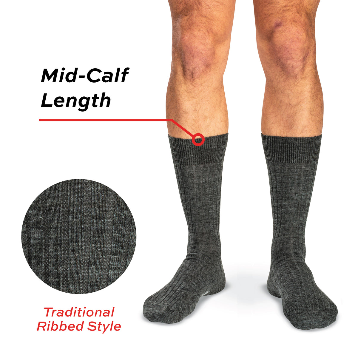 model image of grey mid calf wool dress socks with a detailed call out of the ribbed style