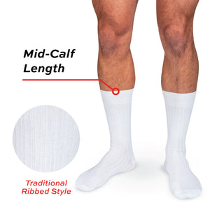 model wearing white merino wool dress socks with mid-calf length call out