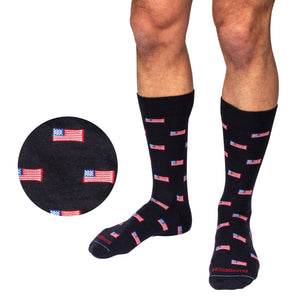 model wearing mid-calf navy premium merino wool dress socks