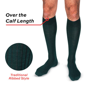 model wearing Forest Green Merino Wool Over the Calf Dress Socks with traditional ribbed style text overlay