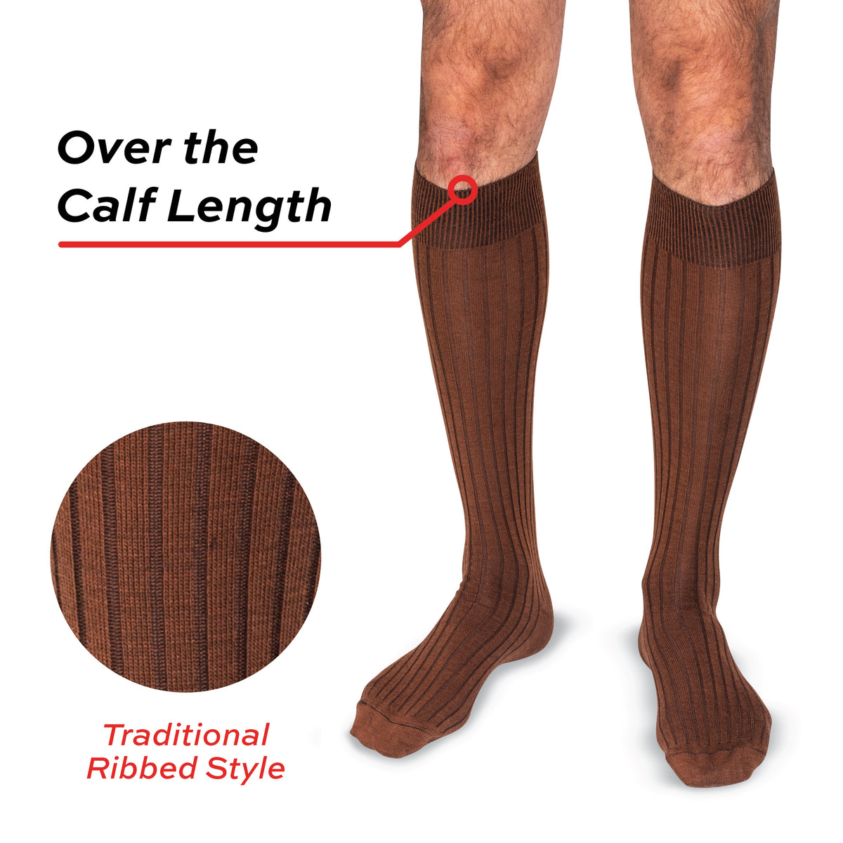 model wearing Light Brown Merino Wool Over the Calf Dress Socks on a white back ground with text overlay