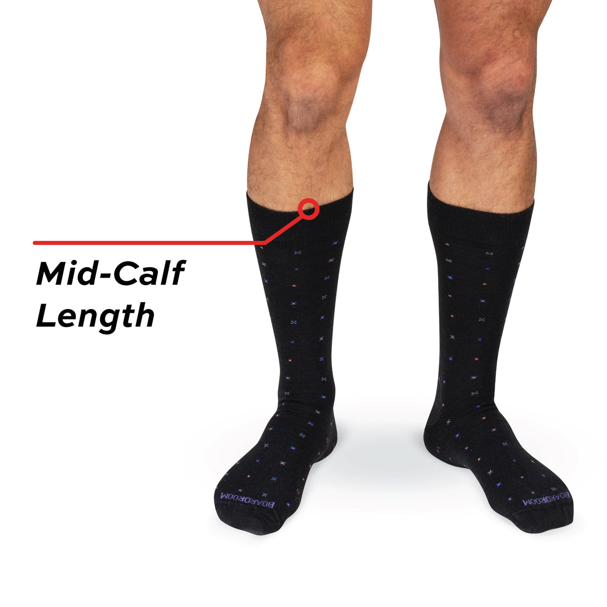 model wearing Black Geometric Merino Wool Mid-Calf Dress Socks on white background