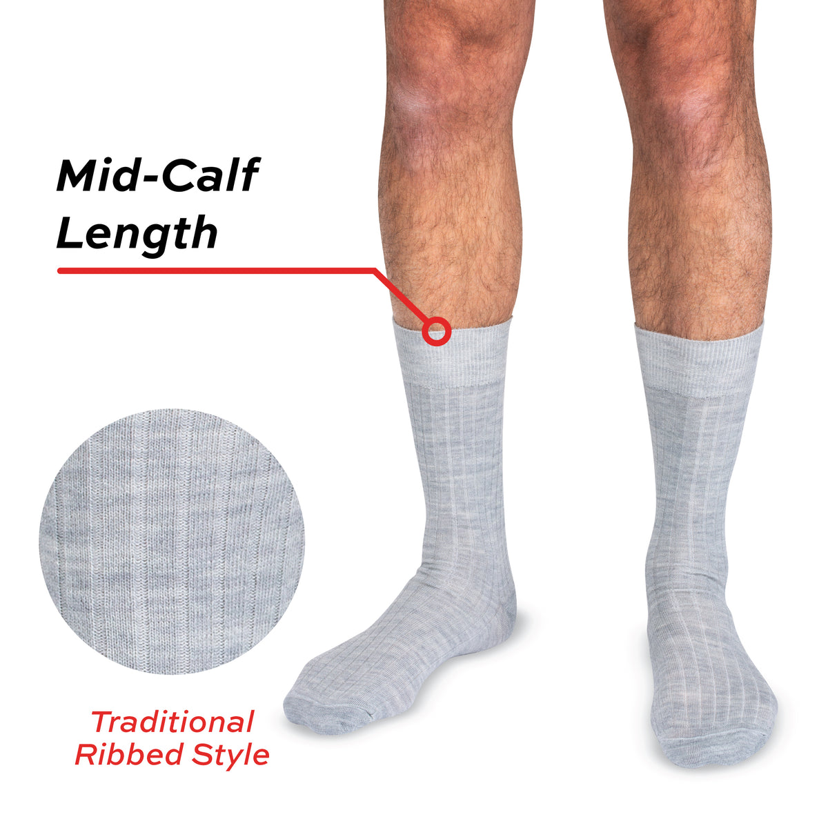 model wearing light grey heather merino wool dress socks with text overlay
