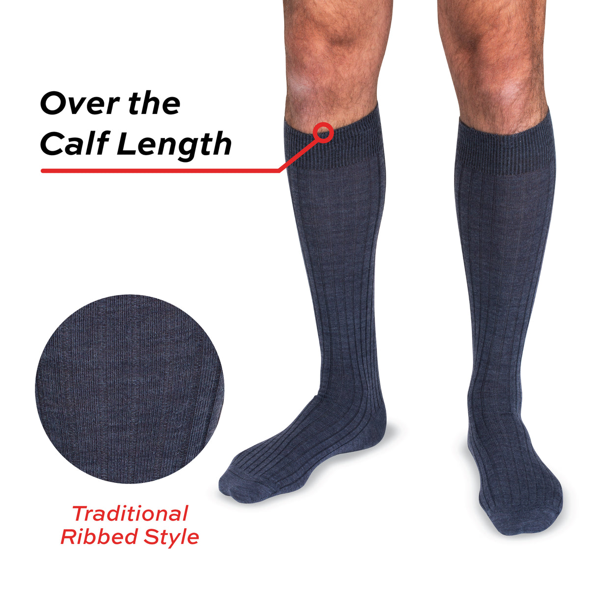 model wearing over the calf length denim colored traditional ribbed style merino wool dress socks