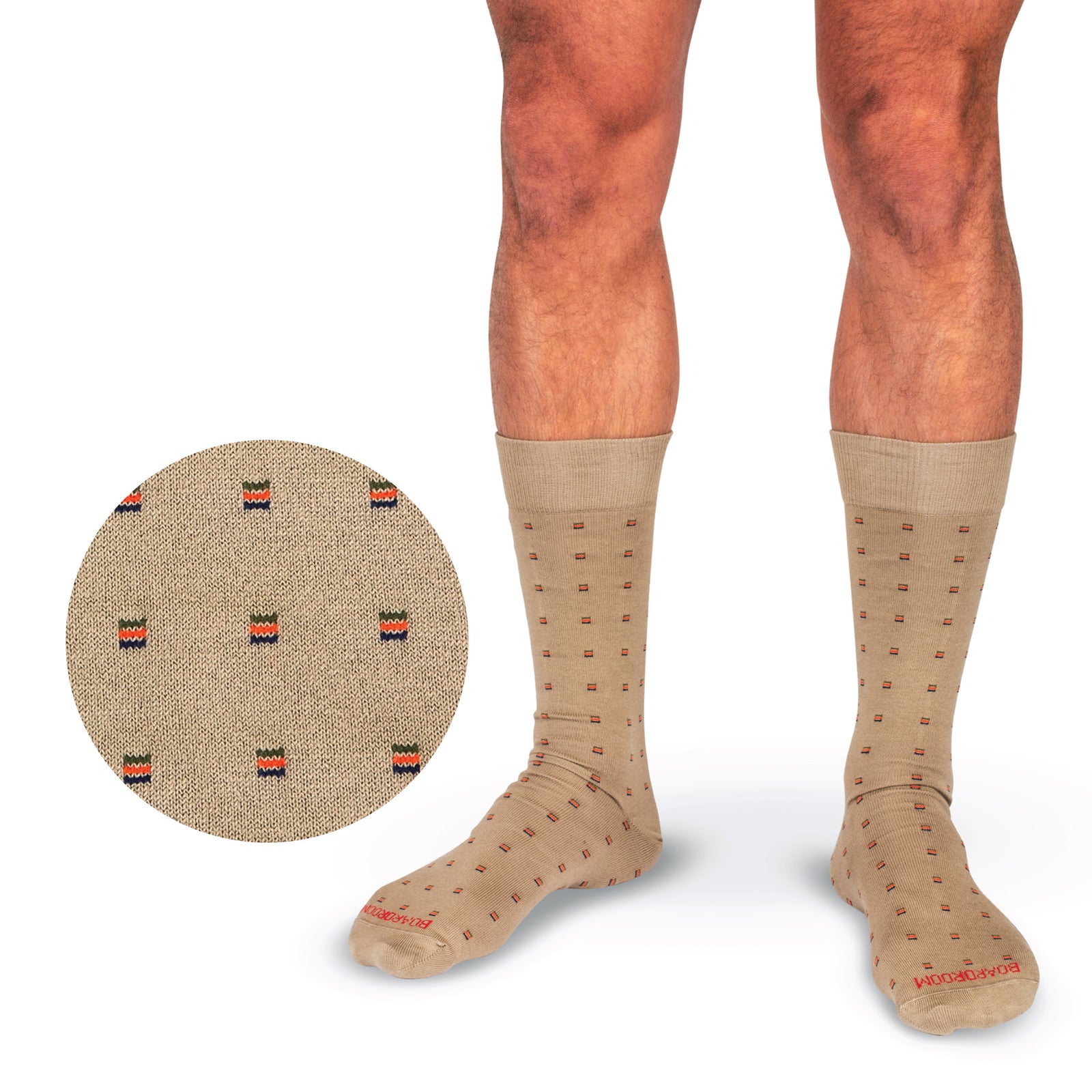 model wearing Colorful Square Knots on Khaki Cotton Mid Calf Dress Socks on white background