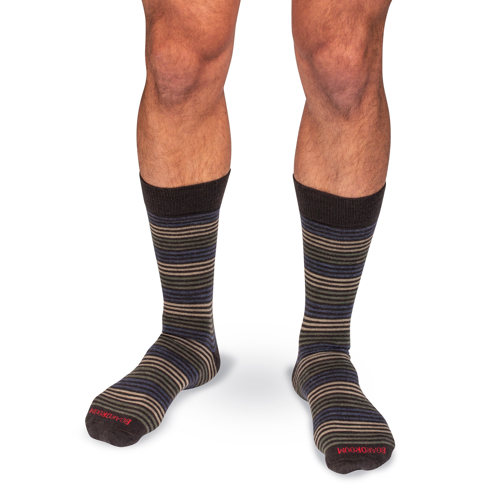 brown striped dress socks worn by a model on a white background