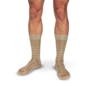 model wearing khaki cotton patterned dress socks