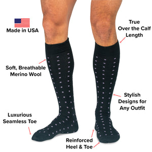 infographic detailing the features and benefits of merino wool patterned over the calf dress socks from Boardroom Socks