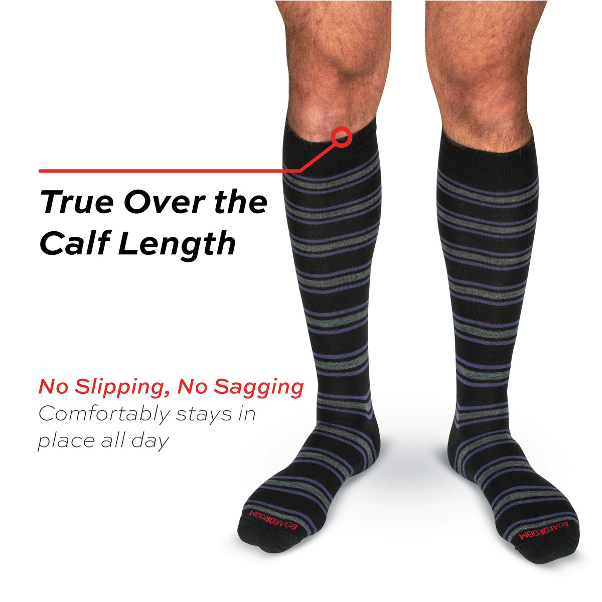 model standing wearing Purple and Grey Stripes on Black Merino Wool Over the Calf Dress Socks on a white background