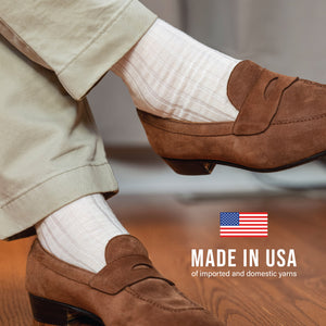 natural merino wool mid-calf dress socks with made in usa text overlay