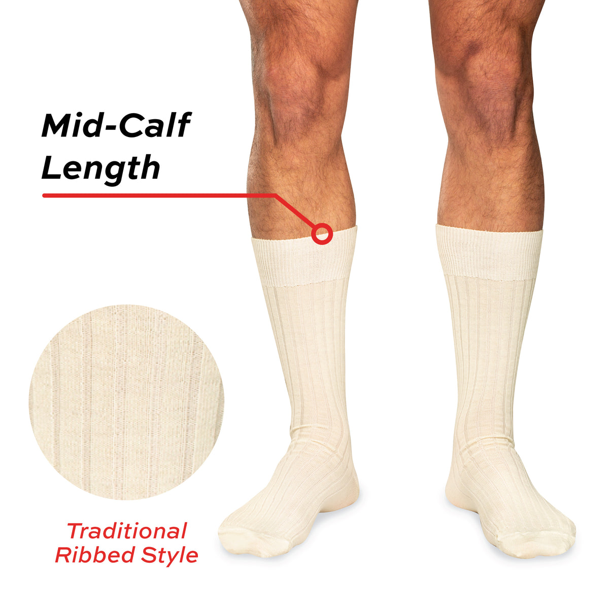 natural merino wool mid-calf dress socks on model with text overlay