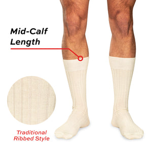 natural merino wool mid-calf dress socks on model with text overlay