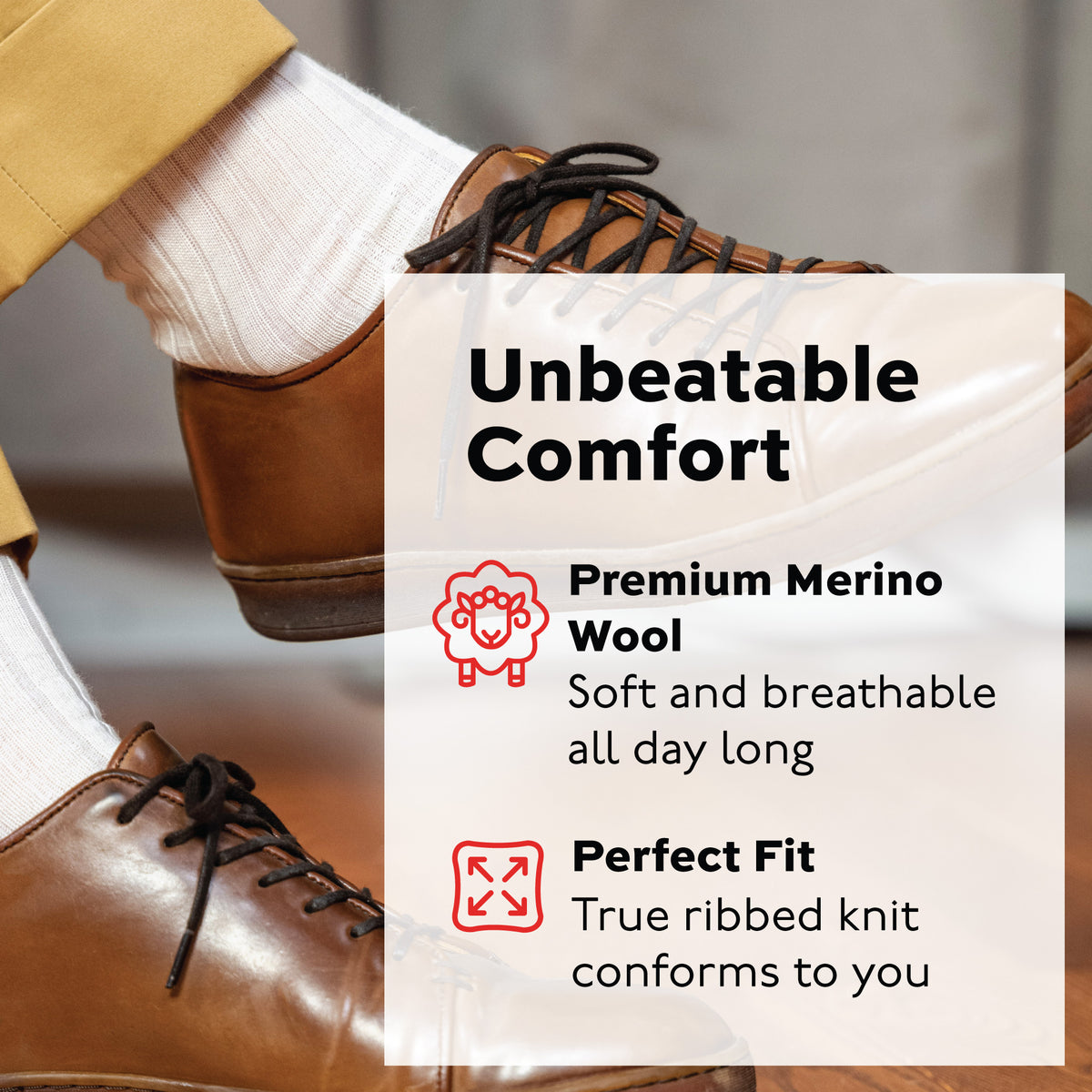 man wearing natural merino wool mid-calf dress socks with casual brown shoes