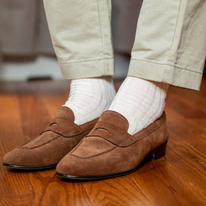 natural merino wool dress socks with light tan chinos and light brown suede loafers